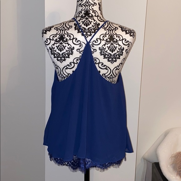 Soprano- navy chiffon top with lace hem peek a boo - Picture 2 of 3